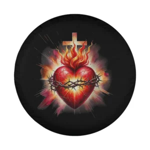 Flaming Sacred Heart with cross and crown of thorns Catholic design for spare tire cover