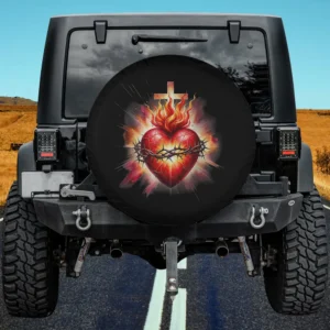 Flaming Sacred Heart with cross and crown of thorns Catholic spare tire cover for Honda HRV, no camera hole