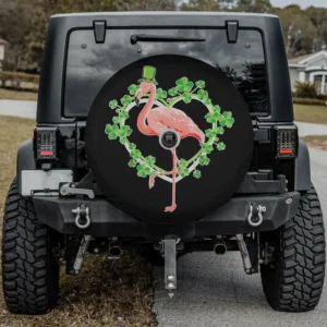 St. Patrick's Day spare tire cover with flamingo, shamrock heart, and camera hole