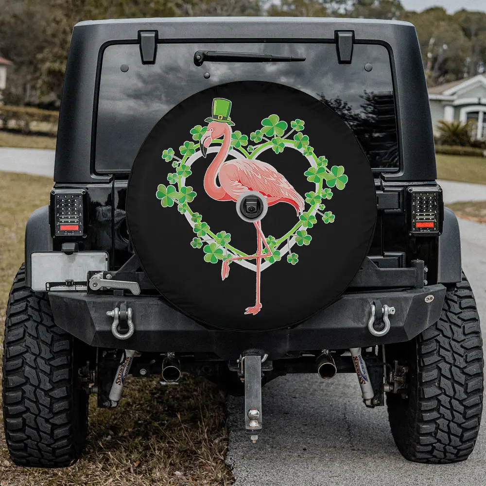St. Patrick's Day spare tire cover with flamingo, shamrock heart, and camera hole