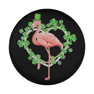 Flamingo in green shamrock heart wreath with leprechaun hat for St. Patrick's Day