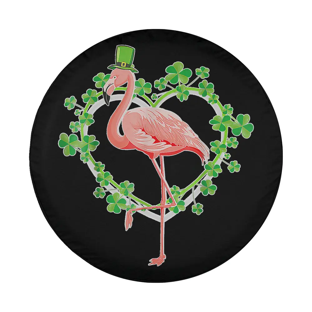 Flamingo in green shamrock heart wreath with leprechaun hat for St. Patrick's Day