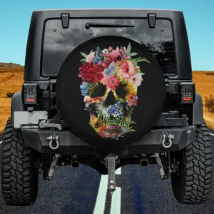 Floral butterfly flower skull sugar skull spare tire cover with vivid blooms and butterflies for Jeep or SUV
