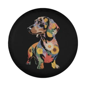 Colorful floral dachshund silhouette with botanical flowers illustration