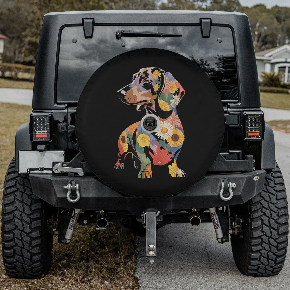 Spare tire cover with floral dachshund and botanical flowers, camera hole option