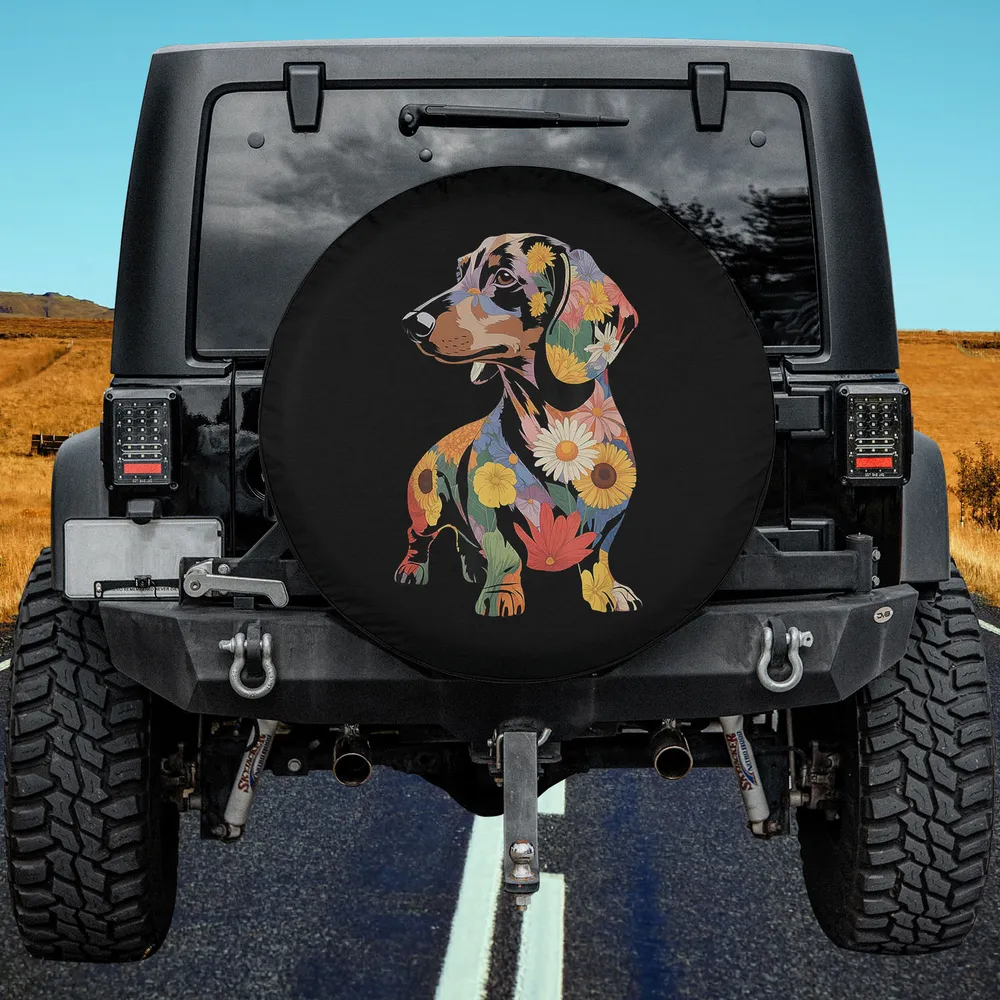 Floral dachshund botanical flowers dog spare tire cover on Jeep in wild