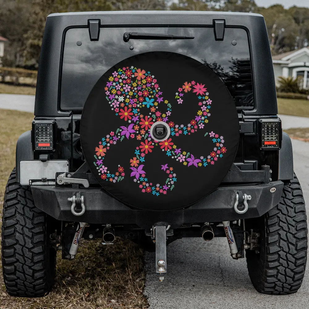 Floral octopus flowers octopus spare tire cover with camera hole on Jeep rear