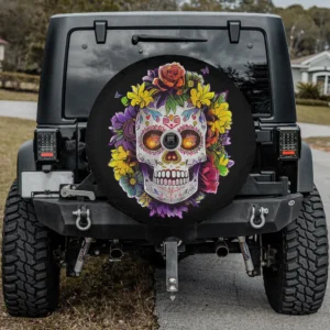 floral wreath sugar skull day of the dead spare tire cover with camera hole for Jeep RV
