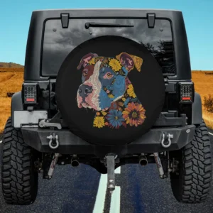 floral vintage pitbull daisy art spare tire cover on Jeep