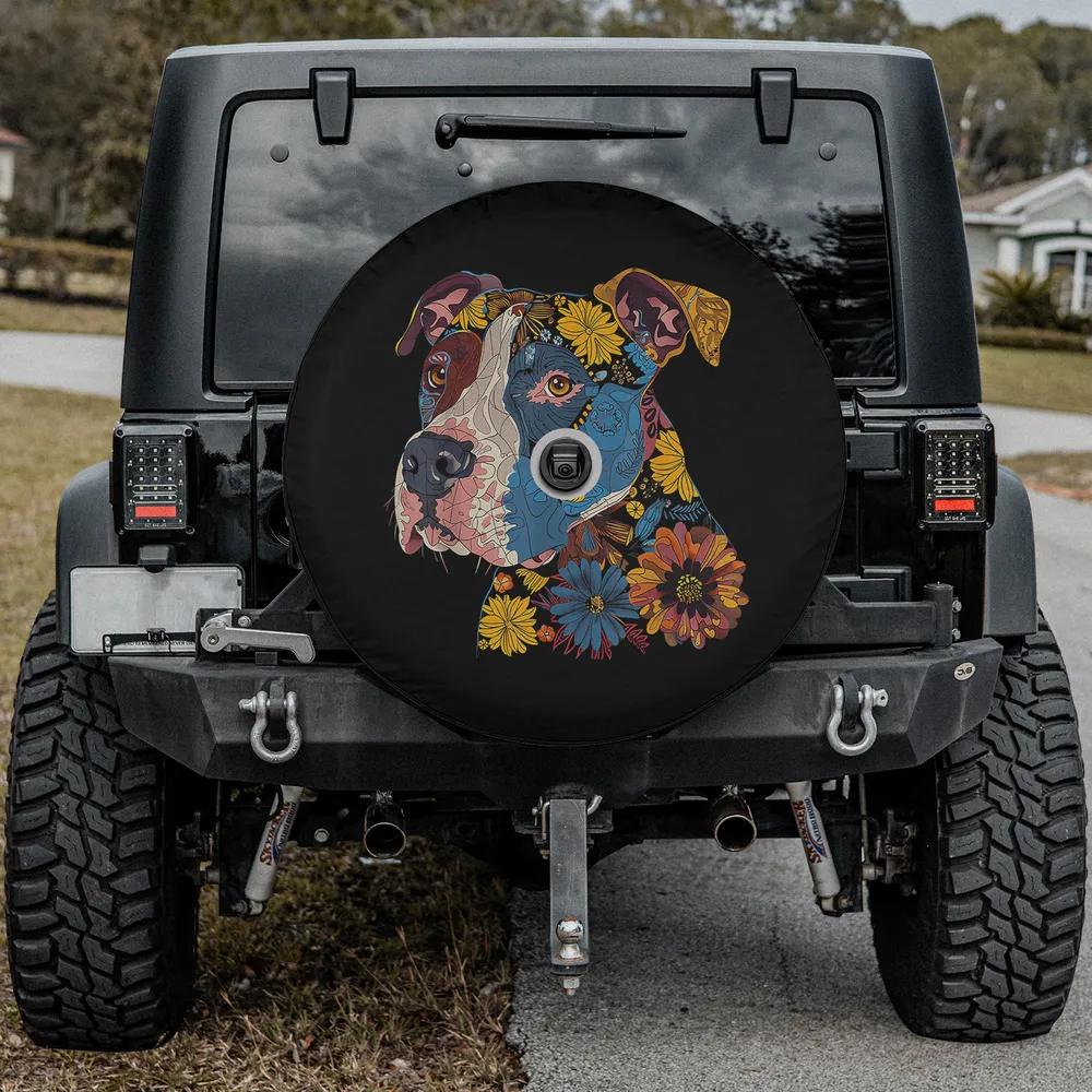 floral vintage pitbull daisy art spare tire cover with camera hole
