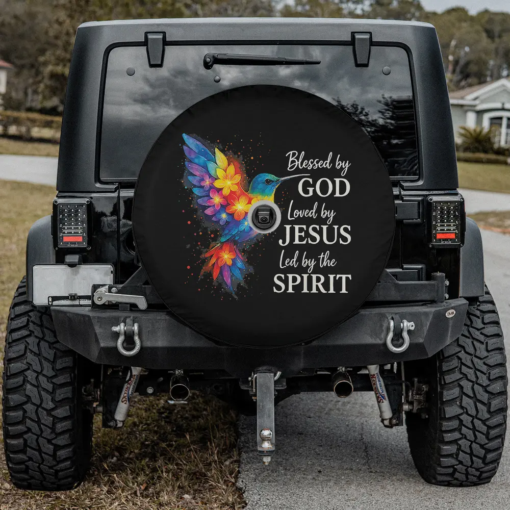floral watercolor hummingbird christian blessing spare tire cover with camera hole