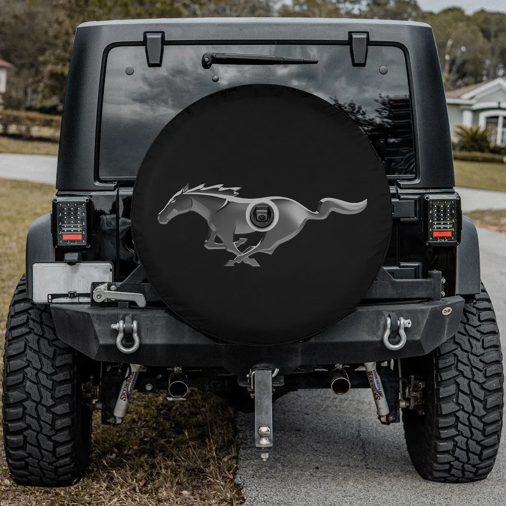 sleek metallic pony ford mustang logo spare tire cover with camera hole