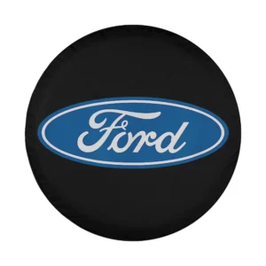 Ford oval logo blue and white on black background design for RV spare tire cover