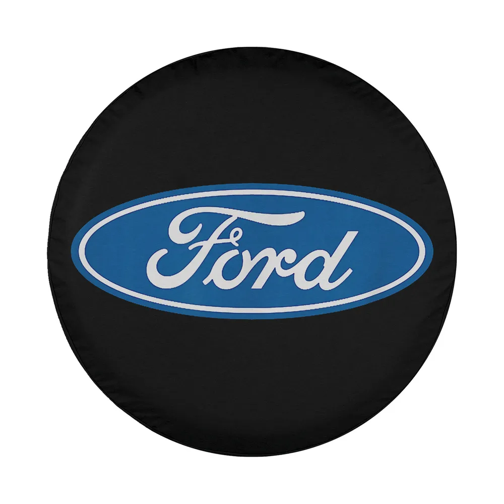 Ford oval logo blue and white on black background design for RV spare tire cover