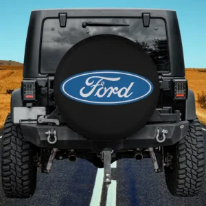 Blue Ford oval logo on black background RV spare tire cover with no camera hole