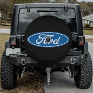 Blue Ford oval logo black background RV spare tire cover with backup camera hole