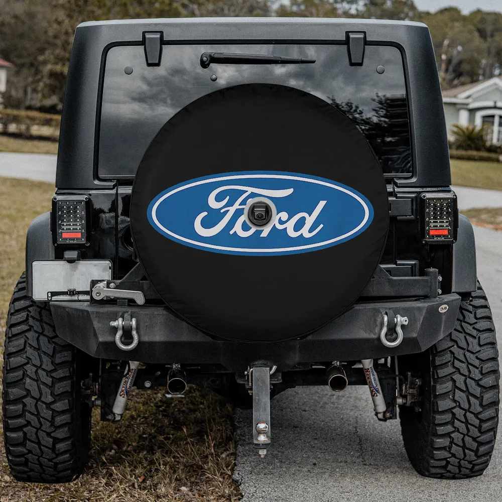 Blue Ford oval logo black background RV spare tire cover with backup camera hole