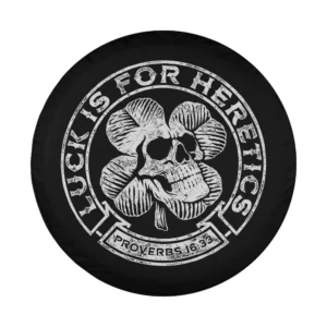 Four leaf clover skull Proverbs 16:33 graphic St Patricks Day tire cover design