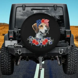 foxhound dog with american flag bandana and red blue flower spare tire cover