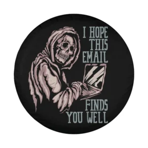 closeup of framework skeleton laptop halloween spare tire cover design