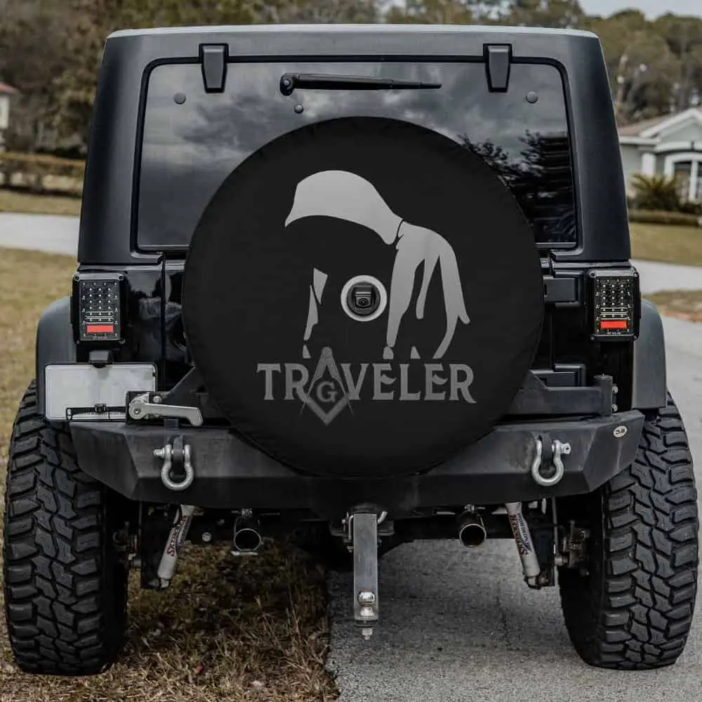 Freemason hooded silhouette compass traveler spare tire cover with camera hole
