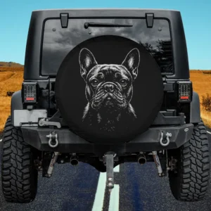Hand-drawn French Bulldog monochrome illustration spare tire cover with no camera hole
