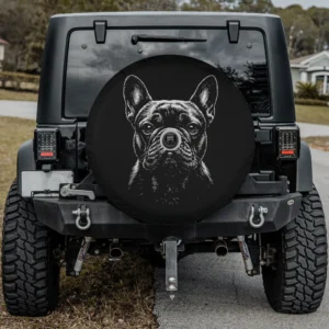 Hand-drawn French Bulldog monochrome illustration spare tire cover with camera hole