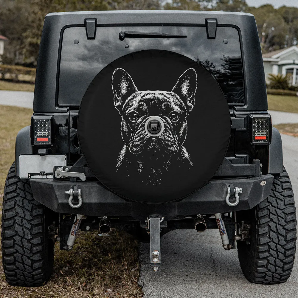 Hand-drawn French Bulldog monochrome illustration spare tire cover with camera hole
