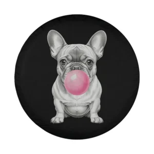 French Bulldog blowing pink bubble gum illustration for spare tire cover