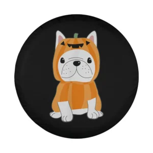 Cartoon French Bulldog in pumpkin costume Halloween tire cover design