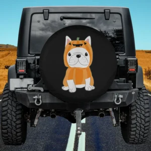 French Bulldog in pumpkin costume Halloween spare tire cover no camera hole
