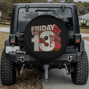 Distressed Friday the 13th blood logo spare tire cover with backup camera hole