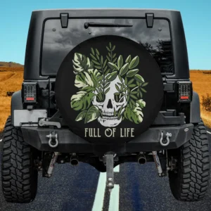 Full of life skull with green leaves garden Halloween spare tire cover no camera hole