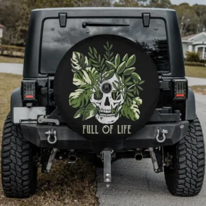 Full of life skull with green leaves garden Halloween spare tire cover with camera hole