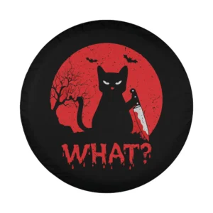 funny black cat with bloody knife what text graphic design only