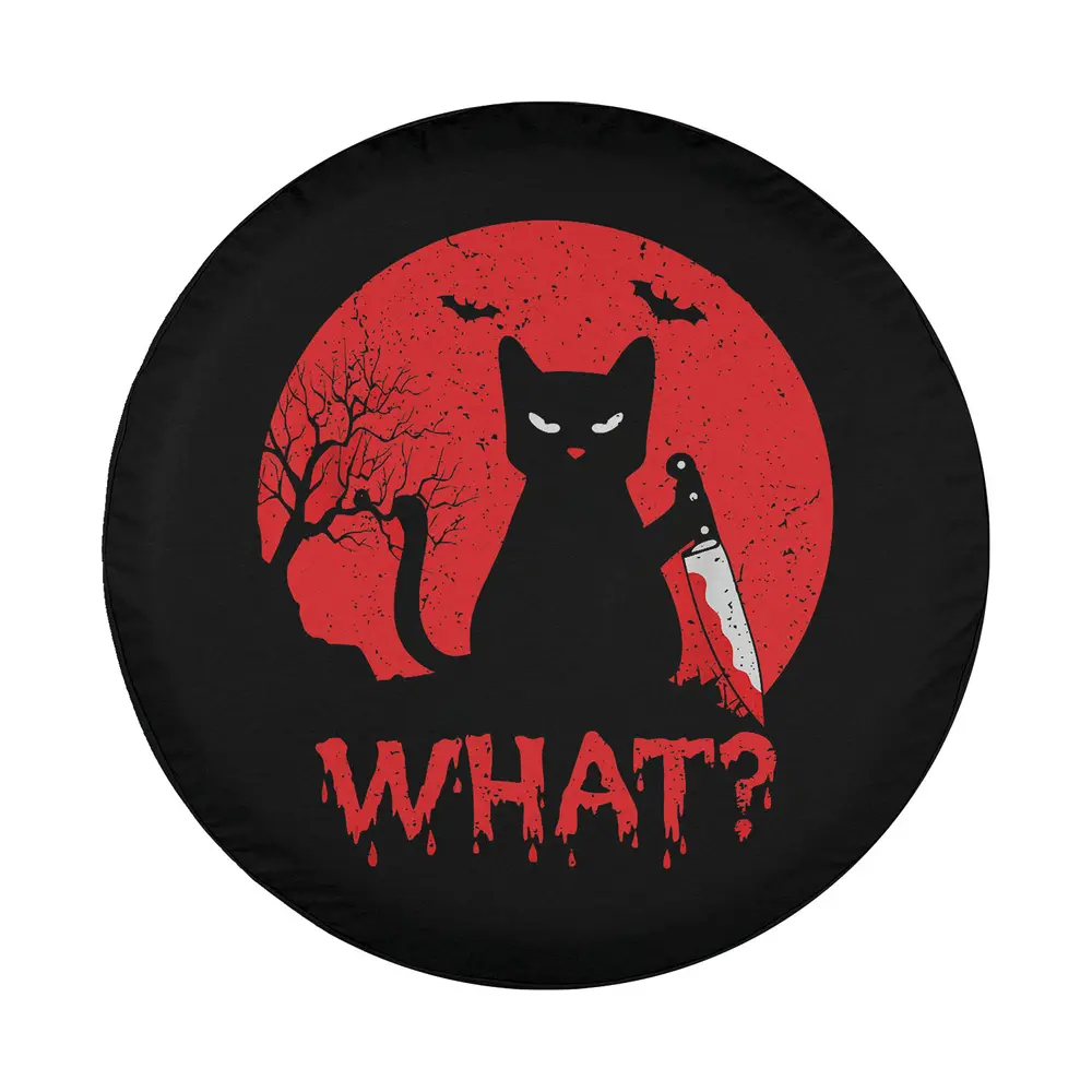 funny black cat with bloody knife what text graphic design only