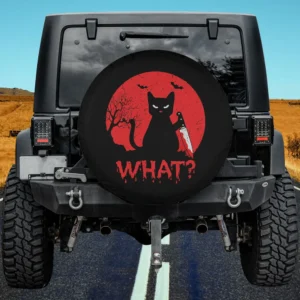 funny black cat with bloody knife and what text on spare tire cover no camera hole