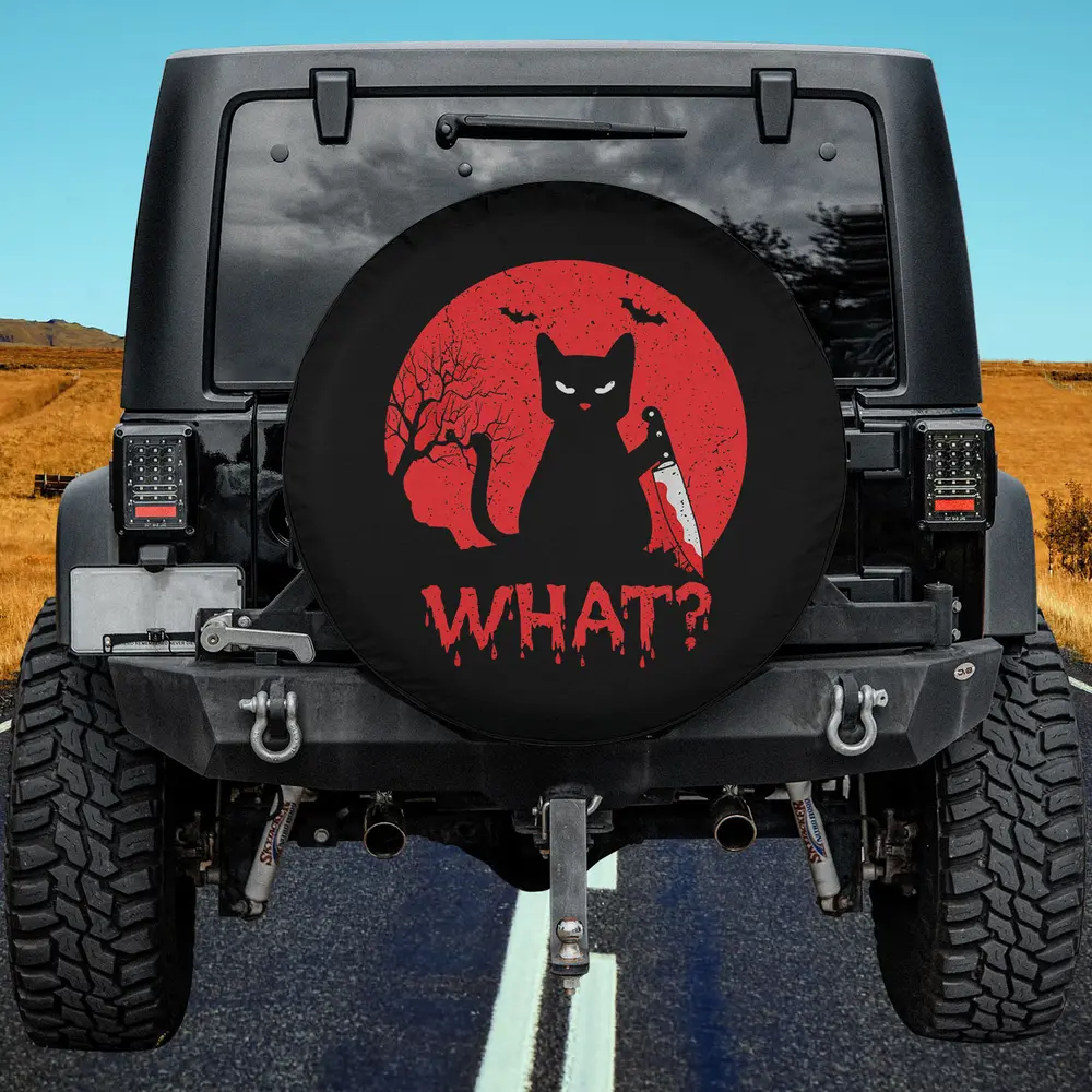 funny black cat with bloody knife and what text on spare tire cover no camera hole