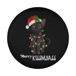 funny black cat with santa hat and christmas lights design for spare tire cover