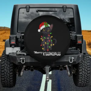 funny black cat with santa hat and christmas lights spare tire cover no camera hole