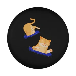 cartoon orange cats tumbling through blue cosmic portals on black tire cover