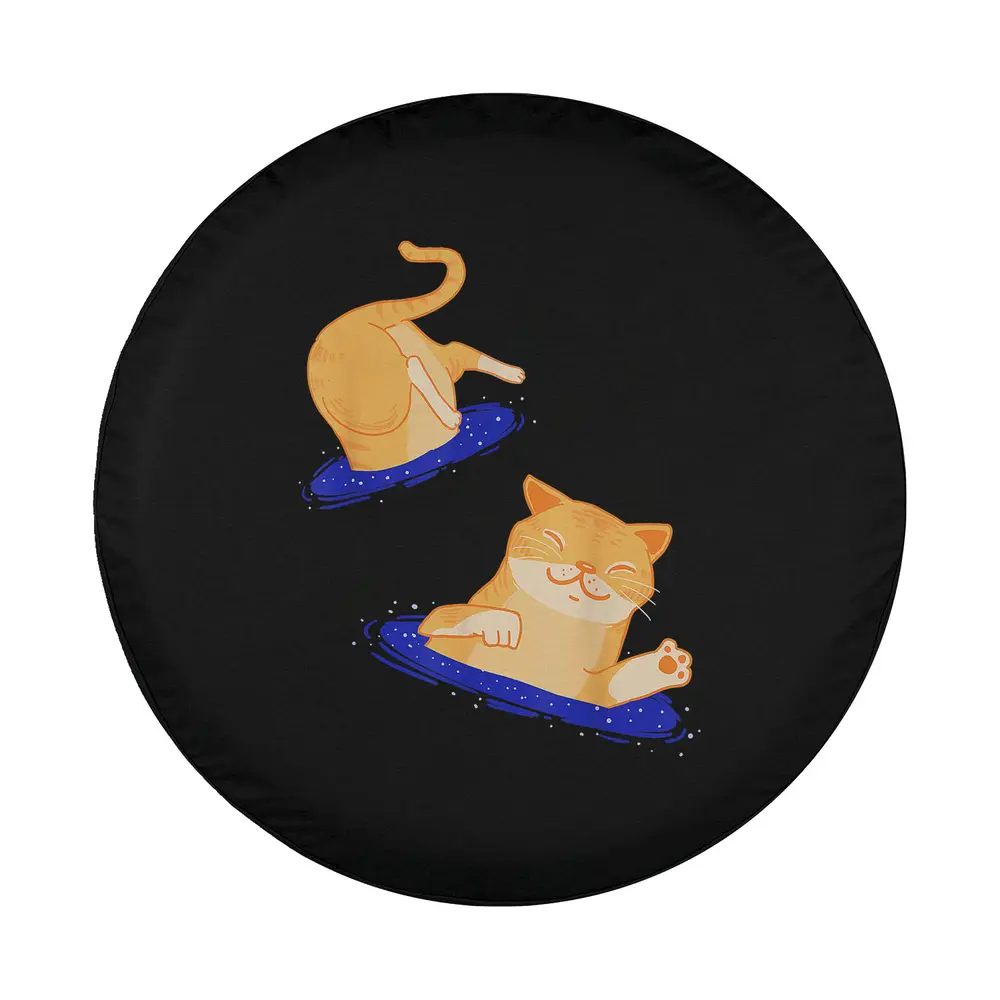 cartoon orange cats tumbling through blue cosmic portals on black tire cover