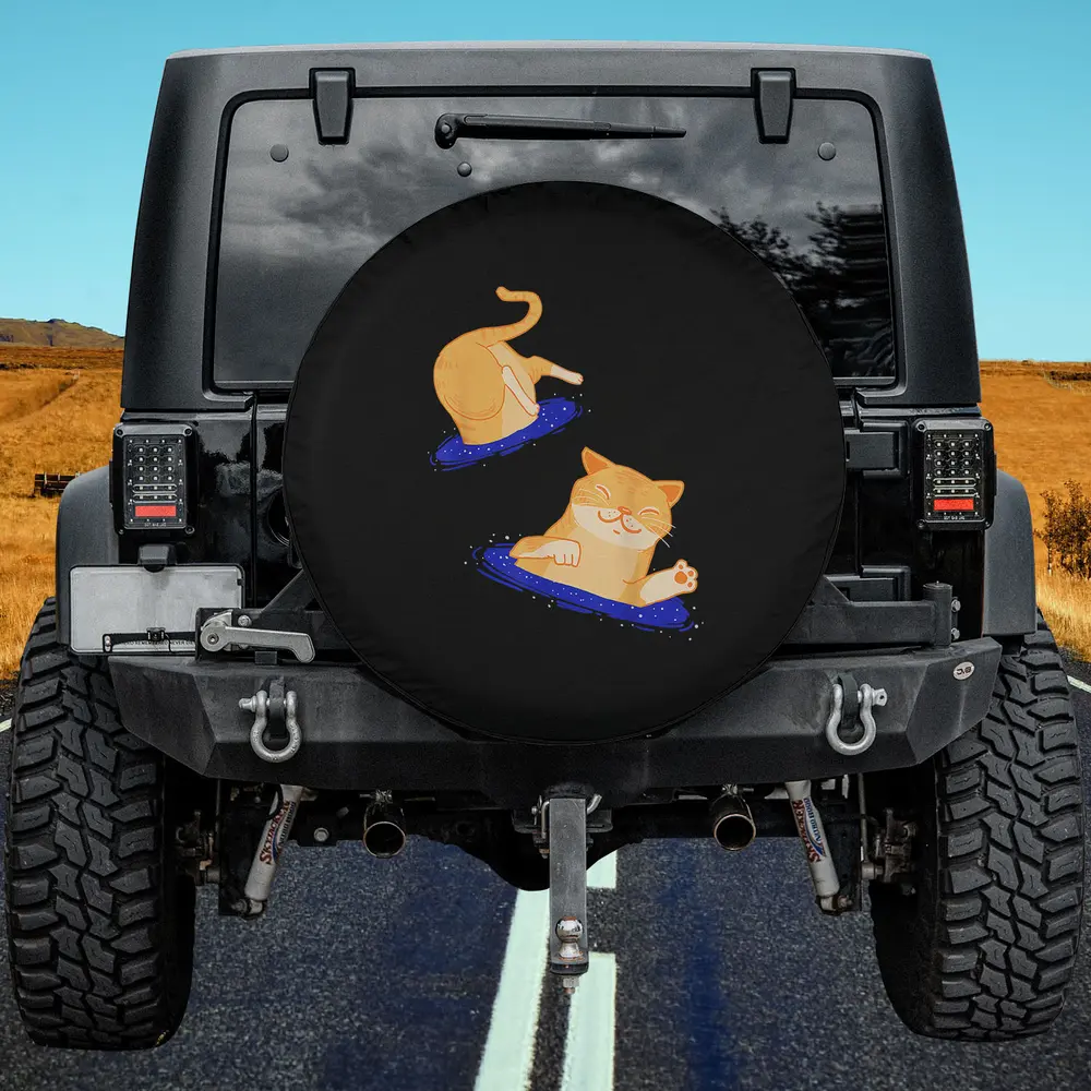 funny black hole cartoon cat cosmic spare tire cover with two orange cats and blue portals