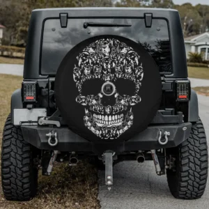 Funny black and tan coonhound dog skull Halloween spare tire cover with camera hole
