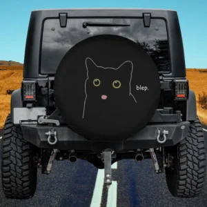 funny blep pink tongue black cat spare tire cover with cartoon face and blep text