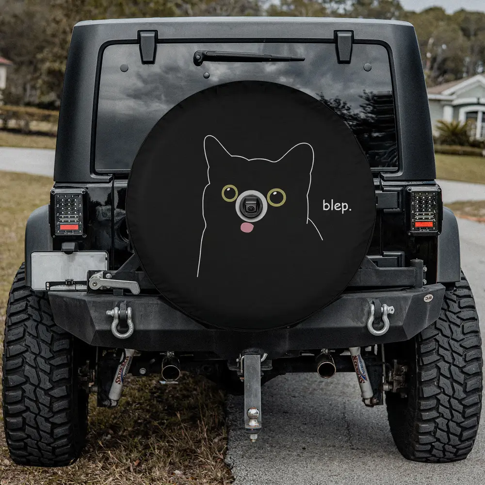 funny blep pink tongue black cat spare tire cover with backup camera hole and cute cat art