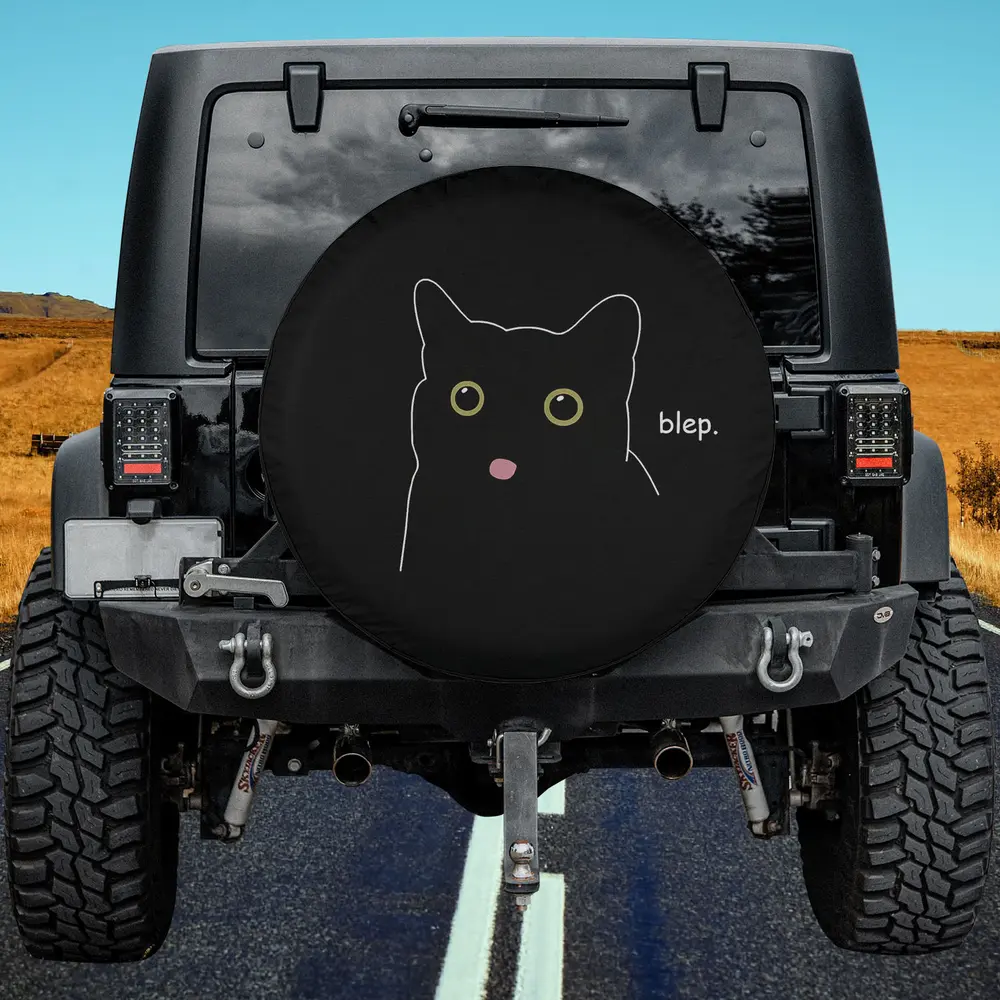 funny blep pink tongue black cat spare tire cover with cartoon face and blep text