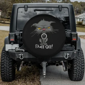 funny bored yellow eyes cat fluff off spare tire cover with backup camera hole Jeep