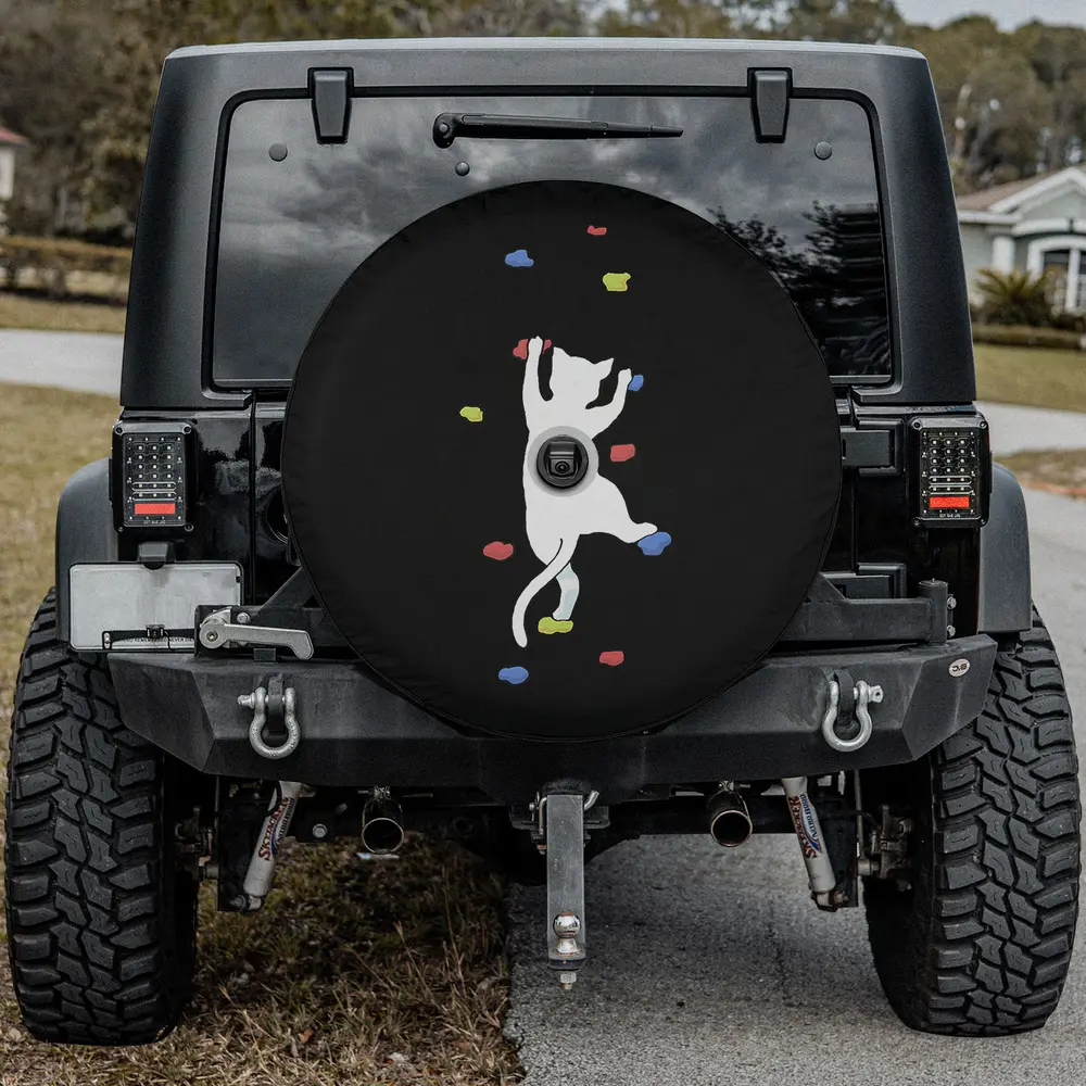 funny bouldering cat colorful climbing holds spare tire cover with camera hole