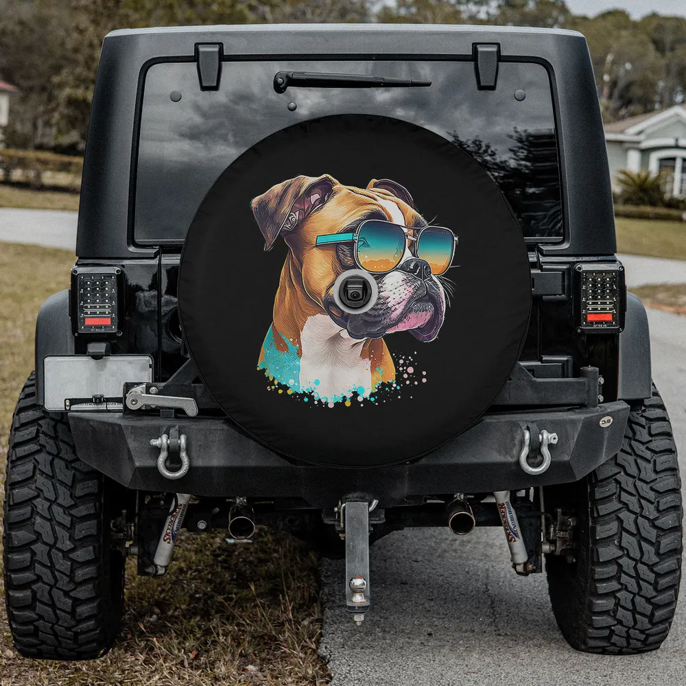 funny boxer dog sunglasses splash art spare tire cover with camera hole for SUV